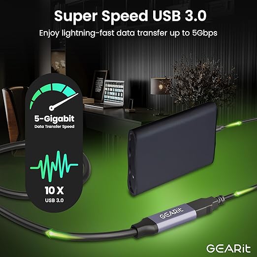 GEARit USB 3.0 Active Extension Cable (30 Feet) A-Male to A-Female USB Repeater with Signal Booster for Oculus Rift, Quest Link, Xbox 360 Kinect, PlayStation, Printer, Webcam - 30ft
