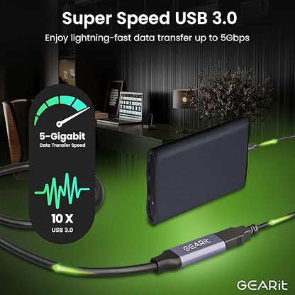 GEARit USB 3.0 Active Extension Cable (30 Feet) A-Male to A-Female USB Repeater with Signal Booster for Oculus Rift, Quest Link, Xbox 360 Kinect, PlayStation, Printer, Webcam - 30ft