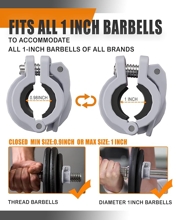 MAXRICH T Barbell Clamp 1 inch Multiple Sizes & Adjustable Weight Clips for Barbell Quick Release Barbell Clips|Barbell Collar Bar Locks for Weight Lifting (Gray)