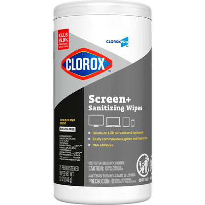 CloroxPro Clorox Screen+ Sanitizing Wipes, Disinfecting Wipes for Electronics, Gentle on Phones, Tablets, LCD Screens, Laptops and Sensitive Surfaces, Citrus Blend Scent, 1 Canister, 75 Wipes, 6 Pack