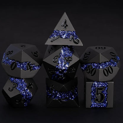 Metal DND Polyhedral Dice,Large Stripe Glitter Metallic Dice Set,Antique Silver Dice 7pcs Set for Role Playing Games(Pearl Gun Purple)