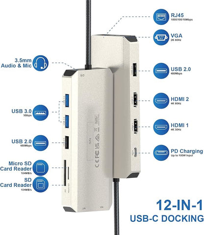 WAVLINK USB C Docking Station Dual Monitor for Dell HP Surface Lenovo MacBook Laptop, Triple Display USB-C Hub Multiport Adapter Dongle- 2 HDMI, VGA, Ethernet,100W PD, 5 USB, SD/TF Card Reader,Audio