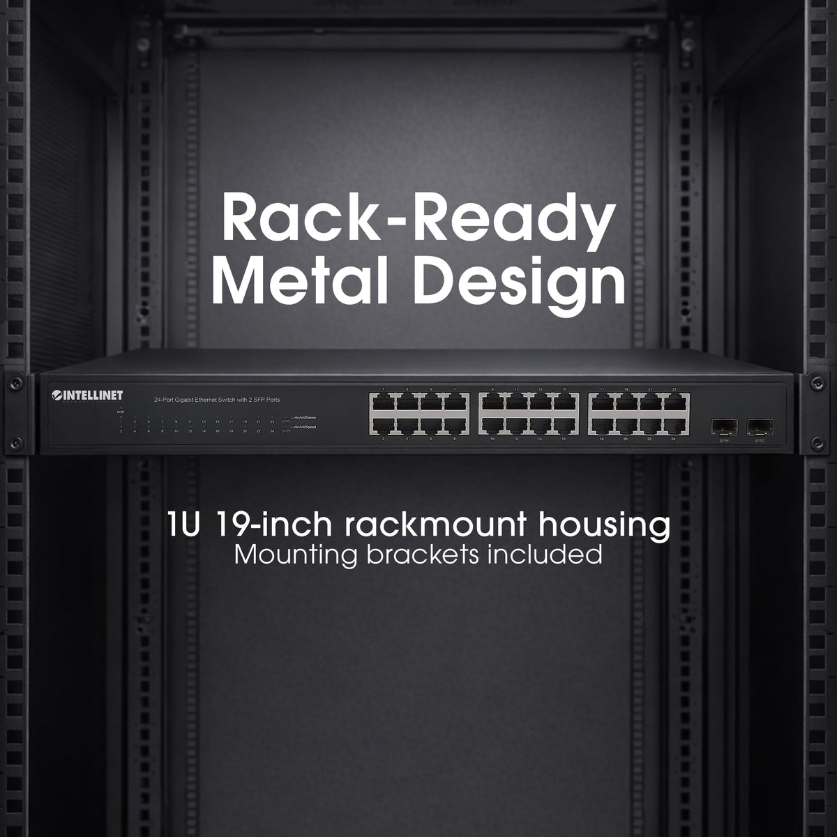 Intellinet 24-Port Gigabit Ethernet Switch, 2 SFP, Unmanaged Rackmount 1U