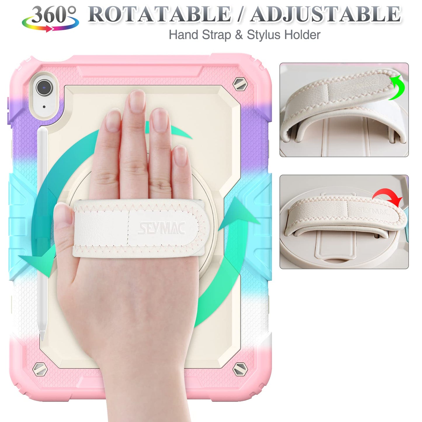 SEYMAC stock Case for iPad (A16) 11th/10th Generation 11''/10.9'' 2025/2022, Full-Body Drop Protection Case with Screen Protector &360° Rotate Hand Strap/Stand, Yellowish+Pink