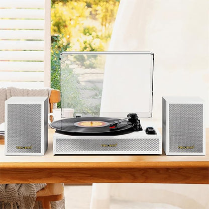 Vinyl Record Player with External Speakers, 3 Speed Vintage Belt Drive Turntable Record Player with Stereo Speakers RCA Audio Out and Aux-in, White Wood