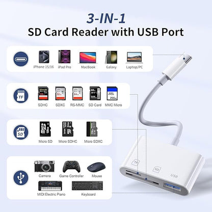 USB C SD Card Reader，SD Card Reader USB C for iPhone 15 16/iPad/Mac/Laptop，3 in 1 sd Card Reader with Dual Slots & USB Port for Mac MacBook Pro/Air/Mini Android Laptop More USBC Typec Devices