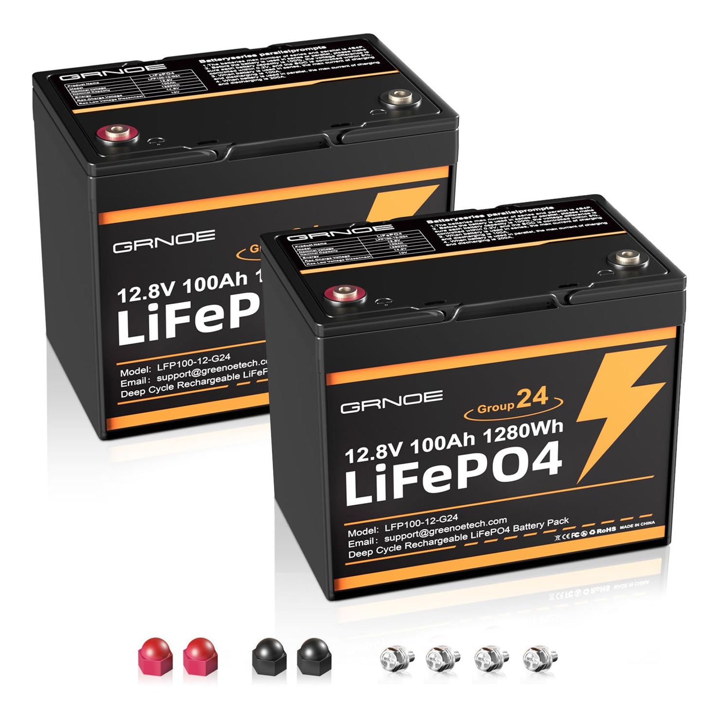 2-Pack 12V 100Ah LiFePO4 Battery, Deep Cycle Lithium Battery, Group 24 Size, Built-in 100A BMS, 15000+ Cycles, Ideal for RV, Solar, Marine, Trolling Motor, Off-Grid