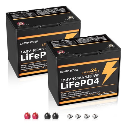 2-Pack 12V 100Ah LiFePO4 Battery, Deep Cycle Lithium Battery, Group 24 Size, Built-in 100A BMS, 15000+ Cycles, Ideal for RV, Solar, Marine, Trolling Motor, Off-Grid