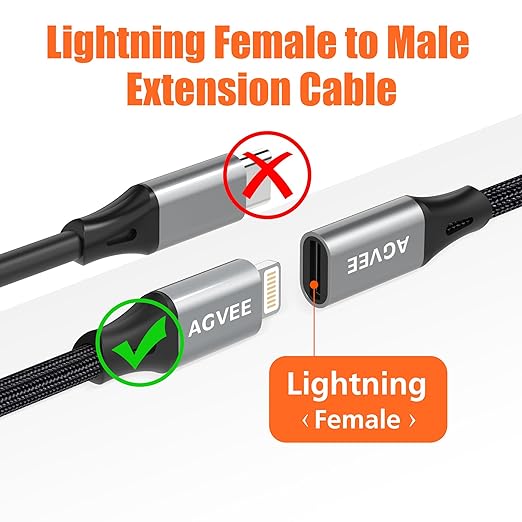 AGVEE 2 Pack 3.3ft Lightning Extension Cable, Braided Female to Male Extender Full Function Cord Compatible with iPhone iPad, Data Sync Video Audio & Charging Charger Connector Adapter, Dark Gray