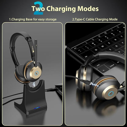 Earbay Wireless Headset with Mic for Work, Bluetooth Headset V5.3, AI Noise Cancelling Mic & 2.4G USB Dongle, 50 Hrs Work Time Wireless Headphones with Mic Mute for Work from Home/Call Center/Teams
