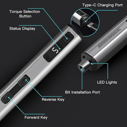 AM ARROWMAX Mini Electric Screwdriver, 5 Torque Modes Precision Electric Screwdriver, 60-in-1 Magnetic Bits 5/32''Hex, Max 3 N.m, Repair Tool Set for Phone Camera Laptop Watch (SES NANO)