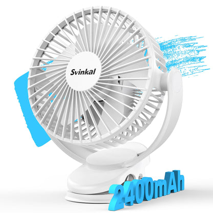Svinkal usb Personal Clip on Fan 2400mAh Battery Operated 6in, Type C, 3 Speed, 720 adjustment, Small Portable Fan for Table, Bedroom, Desk, dormitory, Camping, Stroller, Golf Cart