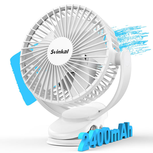Svinkal usb Personal Clip on Fan 2400mAh Battery Operated 6in, Type C, 3 Speed, 720 adjustment, Small Portable Fan for Table, Bedroom, Desk, dormitory, Camping, Stroller, Golf Cart