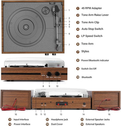 Vinyl Record Player with Dual Stereo Bookshelf Speakers Vintage Belt Drive Bluetooth Turntable with External Speakers,Convert Vinyl to MP3,LP Players AUX Headphone Input RCA Out,Brown