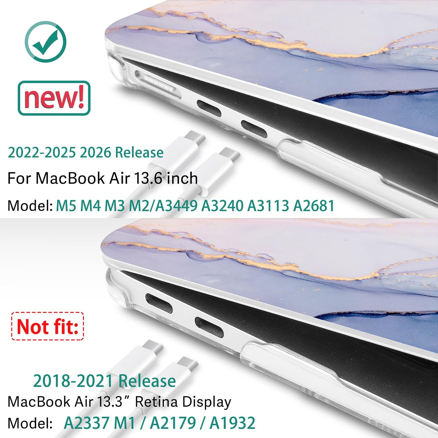 May Chen Case for MacBook Air 13/13.6 inch M5 A3449 M4 A3240 M3 A3113 M2 A2681, 2026 2025 2024-2022, Plastic Hard Shell with Keyboard Cover & Screec Protector, Gentle Marble