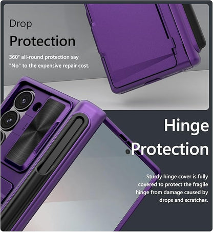 Vihibii for Samsung Galaxy Z Fold 6 Case with S Pen Holder & Card Holder & Slide Camera Cover & Screen Protector & Hinge Protection, Heavy Duty Rugged Wallet Case for Galaxy Z Fold 6, Dark Purple