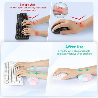 Cloud Wrist Rest Keyboard, Cloud Keyboard Wrist Pad Set with PU Leather Memory Foam, Cute Arm Rest for Palm Support, PC/Gaming Desk Accessories/Office Setup/Computer Hand Cushion - Rainbow
