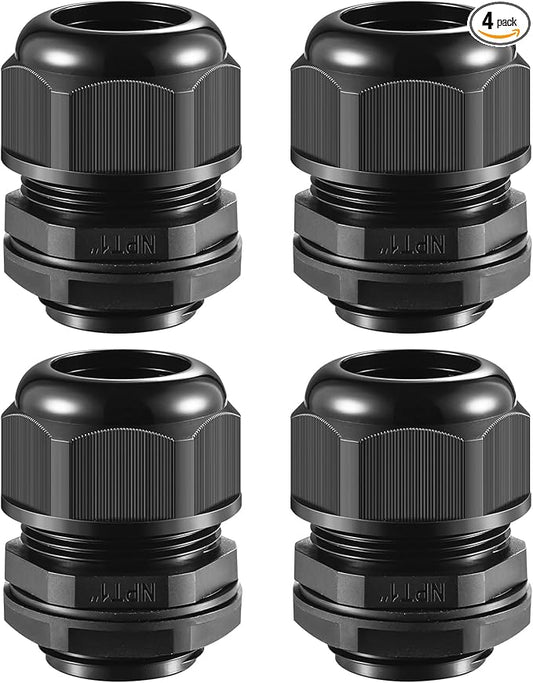 RTHIEAI 4 Pcs 1"(17-25mm) NPT Nylon Cable Gland Joints with Gaskets, IP68 Adjustable Lock Nut Strain Relief Cord Grip Waterproof Cable Glands - UL Listed and RoHS Compliant