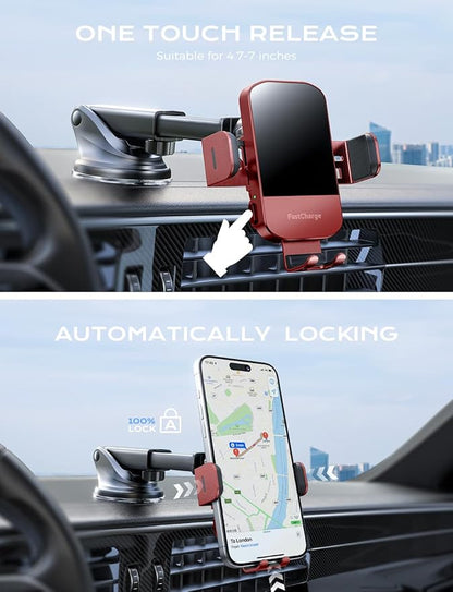 CHGeek Wireless Car Charger, 15W Fast Charging Auto Clamping Car Charger Phone Mount Phone Holder fit for iPhone 15 14 13 12 11 Pro Max Xs, Samsung Galaxy S25 Ultra S24 S23 S22, S21, S20, Red