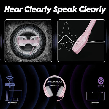 NUBWO G06 Dual Wireless Gaming Headset with Mic for PS5, PS4, PC, Mobile, Switch: 2.4GHz Wireless + Bluetooth - 100 Hr Battery - 50mm Drivers - Pink