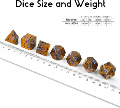 Metal Dice Flowers, 7 PCS Metallic Dungeons and Dragons Dice Set with Gorgeous Gift Case for DND Dungeons and Dragon Tabletop Game (Ancient Brass with Blue Flowers)