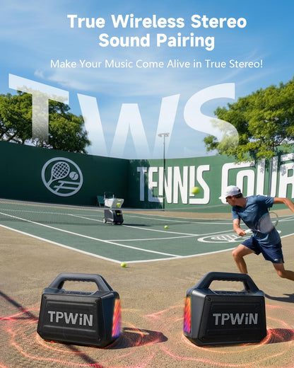TPWIN Bluetooth Speaker - 80W Loud Rugged Outdoor Speakers, IPX6 Waterproof, 20H Playtime, Deep Bass, Lightshow, TWS, BT 5.3 Wireless, Portable for Travel Hiking Camping Beach Pool - Black