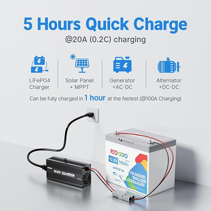 Redodo 12.8V 100Ah Group 24 Battery, 1280Wh Deep Cycle LiFePO4 Battery with 100A BMS, 4000+ Cycles Lithium Rechargable Battery for All RVs, Van, Camper, Solar Power Storage, Off-Grid