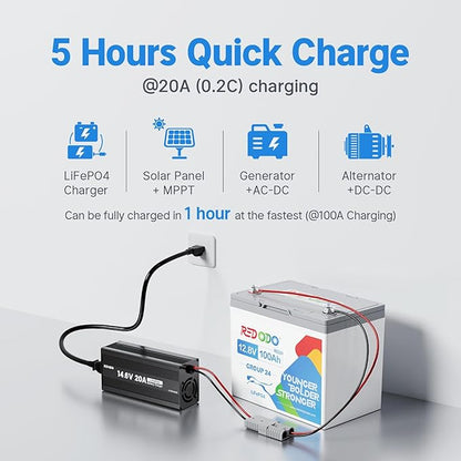 Redodo 12.8V 100Ah Group 24 Battery, 1280Wh Deep Cycle LiFePO4 Battery with 100A BMS, 4000+ Cycles Lithium Rechargable Battery for All RVs, Van, Camper, Solar Power Storage, Off-Grid