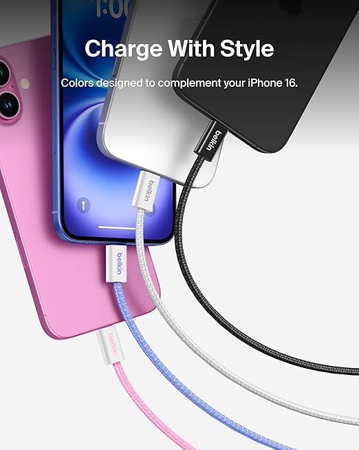 Belkin USB C to USB C Cable, 3.3ft, 60W - Type C Charger, iPhone Charger Cord, Soft, Braided, Flexible for iPhone 16, Galaxy S25, Pixel 9, Airpods, iPad Pro, Tablet & More, Travel Essentials - White