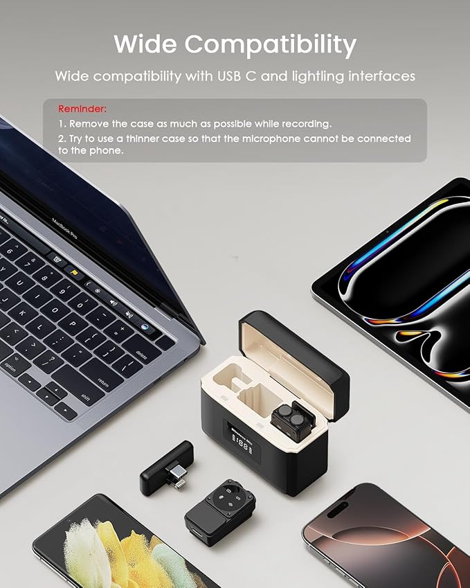 PQRQP Microphone for iPhone/iPad/Android, Mini Microphone with Noise Cancellation, 164ft Transmission, 80H Battery Life with Charging Case, Clip-On Wireless Microphones for YouTube, TikTok, Recording
