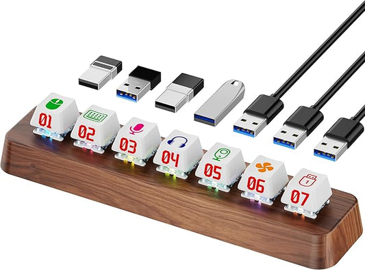 FEIFANZHE Walnut Wood 7-Port Powered USB 3.0 Hub, 5Gbps Data Transfer, Independent Hot-Swappable 3-Pin Mechanical Keyboard Switch Expander, RGB Backlit Docking Station-FU07