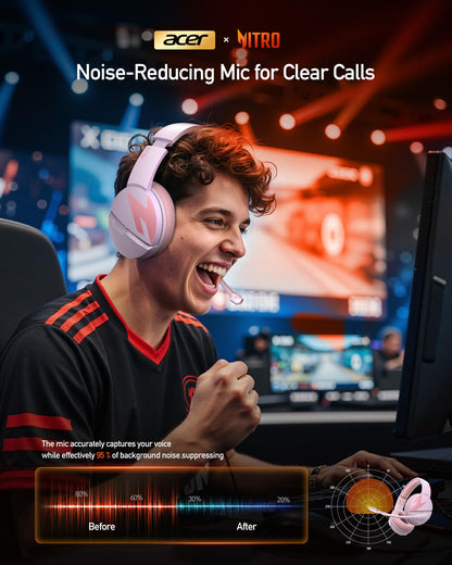 acer Wireless Gaming Headset, PS5 Headset with 2.4GHz for Ps5, Ps4, PC, Switch, Bluetooth 5.3 + 100Hrs Gaming Headphones with Noise Canceling Mic for Laptop, Mobile, Mac, 50mm Drivers (Pink)
