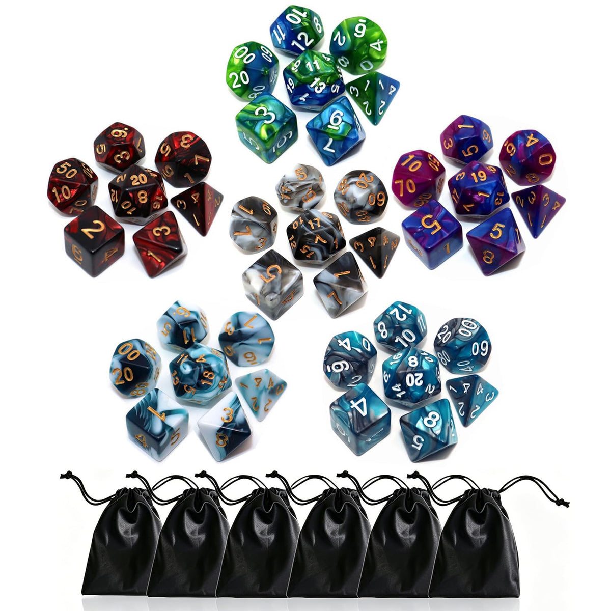 CREEBUY Polyhedral DND Dice Set, 5 Pack Vintage Dragon-Patterned Dice Sets Compatible with Dungeons and Dragons D&D RPG Games,35 Pieces (5 Colors with Black)