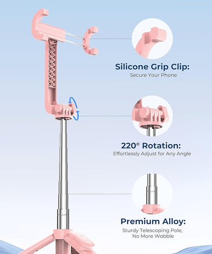 67‘’ Selfie Stick Tripod, Phone Tripod with Wireless Remote Control, Portable Selfie Stick for Photograph, Live Streaming, Video Recording, Compatible with All Cell Phones, Pink
