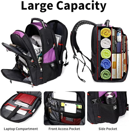 SHRRADOO Extra Large 50L Travel Laptop Backpack with USB Charging Port, College High School Backpack Airline Approved Business Work Bag Fit 17 Inch Laptops for Men Women,Purple
