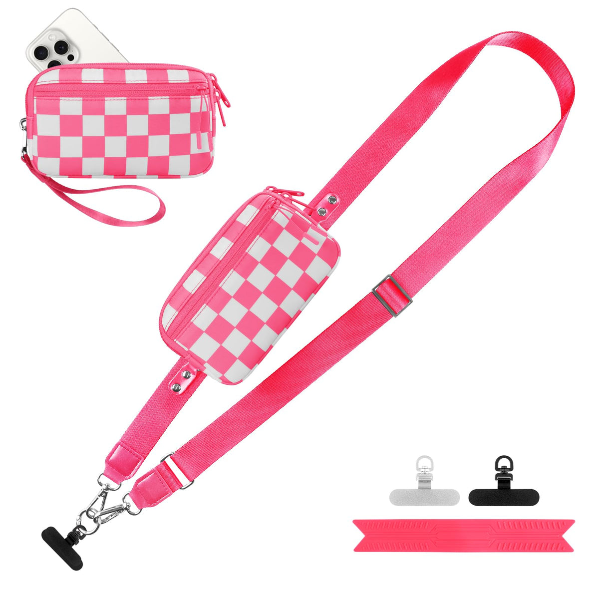 YFWE Clip and Go Strap for Phone with Wallet Crossbody, Adjustable Phone Lanyard with Detachable RFID Wristlet Wallet, Phone Strap with Phone Tabs for All Phones, Black Checkered (M)