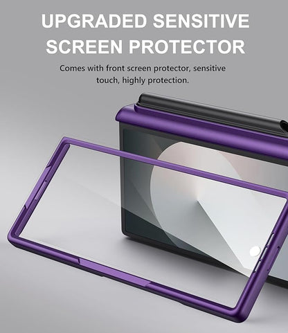 for Samsung Galaxy Z Fold 6 Case with S Pen Holder & Card Holder & Screen Protector, Built-in Hinge Protection & Sliding Camera Lens Cover, Durable Wallet Phone Case for Z Fold 6, Dark Purple