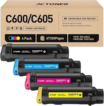 C600 C605 Toner Cartridges 4-Pack Compatible Replacement for VersaLink C600 C605 Color Multifunction Printer Copier Scanner 106R03919 106R03916 106R03917 106R03918 High-Yield Black Cyan Yellow Magenta