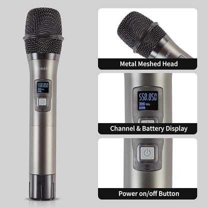 4 Channel Wireless Microphone System UHF 2 Cordless Handheld Mics and 2 Lavalier Headset Mics for Karaoke Church Speaking Conference Meeting Party, 4x25 Adjustable Frequency (2 Handheld + 2 Bodypack)