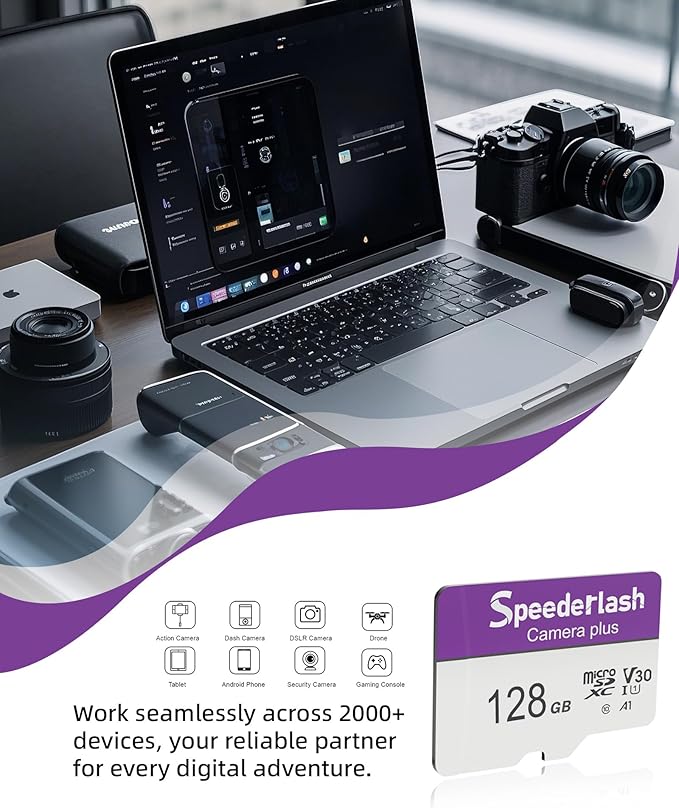 Micro SDXC Memory Card 128GB-Speederlash Camera Plus TF Card with Adapter, Up to 90MB/s Read Speed, 4K UHD&5K Video Support, U1, V30, A1 Rated, Waterproof, for Security Camera, Dashcam