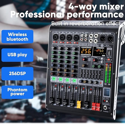 W IN-MIX 4 Channel Professional Audio Mixer with MP3 Player and Bluetooth U disk 48V Phantom Power Source USB recording for Studio Recording, Live Performances