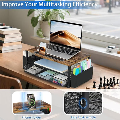 Wood Desk Organizers and Accessories, 2-Tier Computer Monitor Stand Riser with Drawer, Pen Storage & Phone Holder, Office Desk Accessories, Workspace Desktop Organization for Office Supplies（Brown）