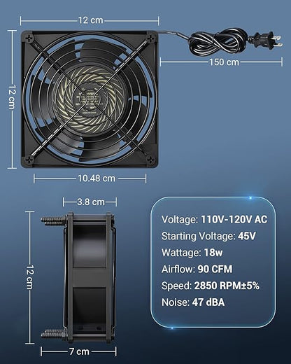 DEWENWILS 2 Pack 120V AC Fan, Waterproof Exhaust Fan 120mm, 18W 2850RPM 90CFM, DIY Cooling Fan for Refrigerator, Computer Case, Compressor Engine, Generator, UL Listed