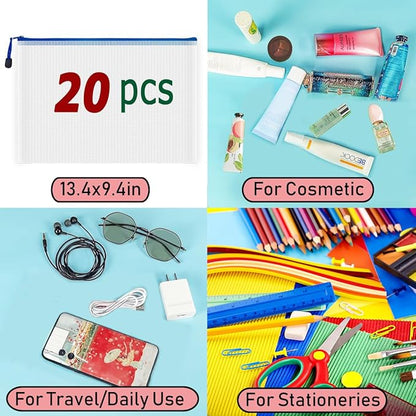 AUSTARK 20 Pcs Zipper File Bags, Plastic Mesh Pouch, Board Game Storage Bag, Waterproof Bags for Office School (A4 Size 13.4''x9.4'', White and Blue)