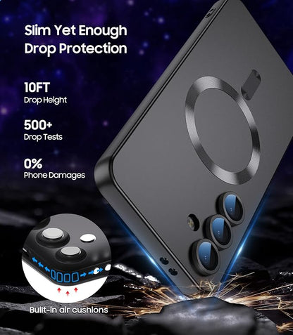 Magnetic for Samsung Galaxy S24 FE Case [Compatible with MagSafe][Built-in Camera Lens Protector] Slim Soft Silicone Bumper Shockproof Metallic Luster Phone Cover (Black)