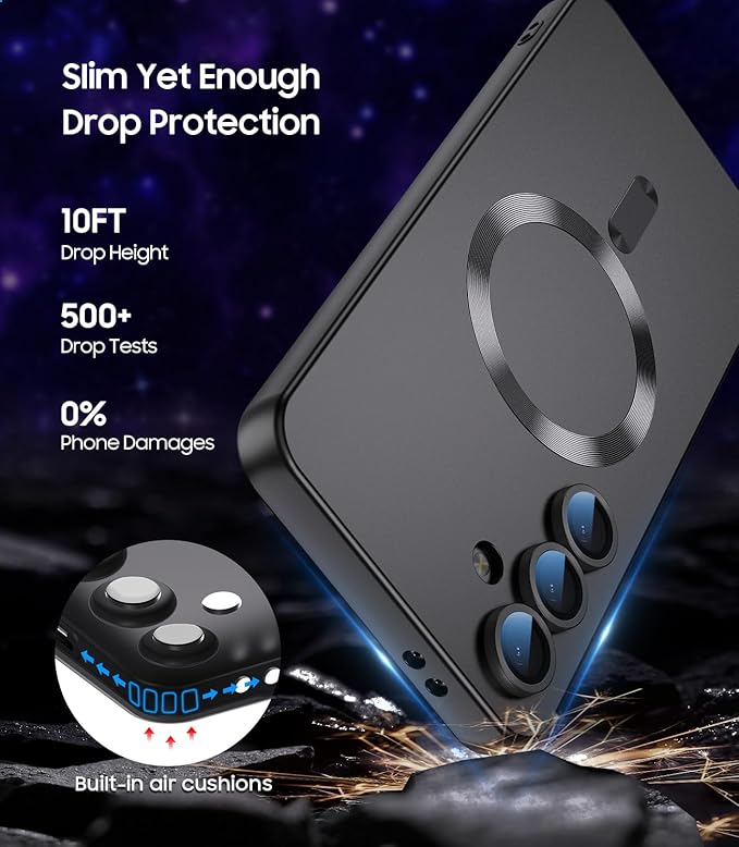 Magnetic for Samsung Galaxy S25 Plus Case [Compatible with MagSafe][Built-in Camera Lens Protector] Slim Soft Silicone Bumper Shockproof Metallic Luster Phone Shell (Black)