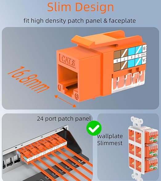 Rapink RJ45 Keystone Jack Cat6 10G Support, Keystone Jacks UTP 50 Pack for Wall Plate and Patch Panel, Rj45 Keystone 90 Degree Orange Color for Cat6, Cat5e, Cat5 Cabling
