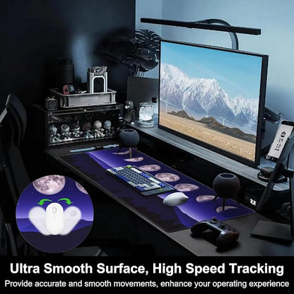 Mouse Pad, Large Moon Phases and Mountain Forest Desk Mat, Extended Non-Slip Gaming Keyboard Mousepad Desk Pad, Thick Stitched Edges Waterproof Mouse Mat 31.5"x15.7" (Moon Phase Changes)