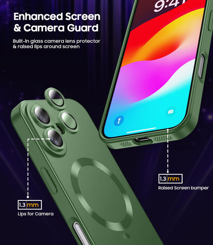 LEKEVO Magnetic for iPhone 16 Case [Compatible with MagSafe][Built-in Camera Lens Protector] Slim Soft Silicone Bumper Shockproof Metallic Luster Phone Case (Green)