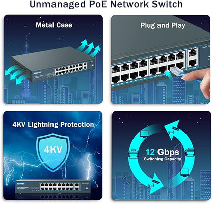YuanLey 16 Port PoE Switch with 2 Gigabit Uplink, 16 PoE+ Port 10/100Mbps Network Switch, 802.3af/at Compliant, Durable Metal with 250W High Power, Unmanaged Plug and Play